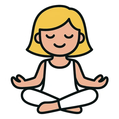 a blonde girl with a short haircut in a white dress sitting in a lotus position and meditating with a background sticker