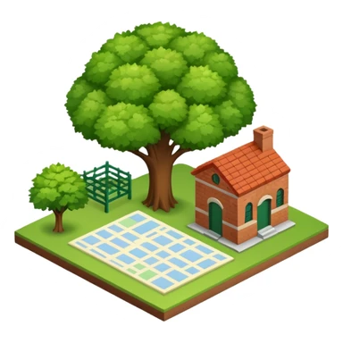 An icon featuring a local map, and regional landmarks, symbolizing local gardening. The design includes a tree, and 1 building, representing the unique geography and culture of a specific area. Transparent background highlights the exploration of local history and environment. sticker