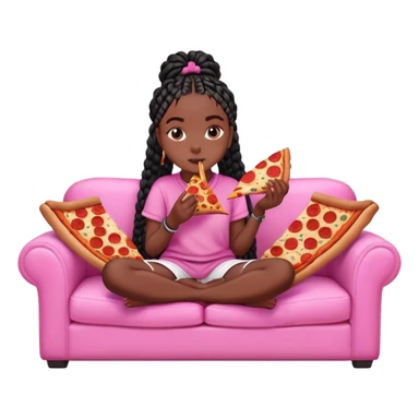 A dark skinned black girl with black box braids with pizza, on a pink couch in comfy outfit sticker