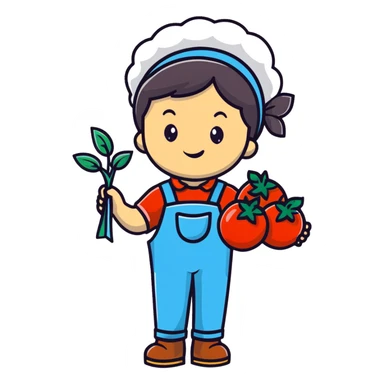 Child gardener with ribbon and prize tomatoes sticker