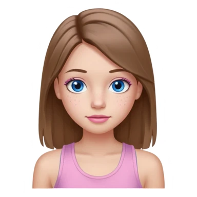 Create a TEENAGE girl with LONG and straight light brunette hair with a MIDDLE PART, light skin, light freckles, and blue-gray eyes. She will have pink lips and LONG eyelashes. She will be wearing a light pink tank top sticker