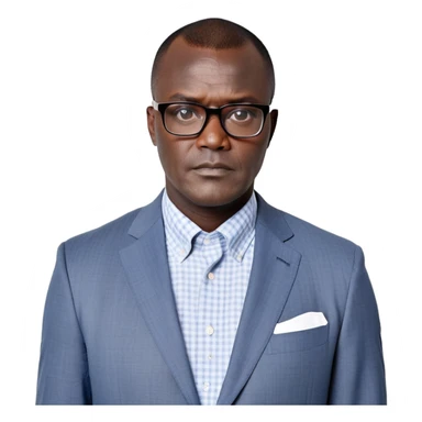 Larger 50-year-old man with extremely wide square face and prominent jawline. Full head of short straight dark hair with some gray, combed neatly to the side. Large dark square-framed glasses. Serious expression. Wearing a light gray blazer over a white button-up shirt with blue checkered pattern. sticker