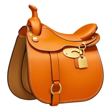 Hermès-style saddle, classic equestrian design, Hermès orange leather with gold details, luxury, simple and cute emoji style sticker
