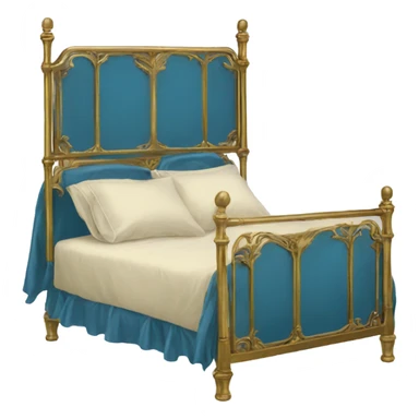 vintage bed with blue sheets and gold brass frame sticker