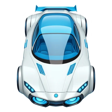 Top-down view of futuristic retro hover car with angular design and glowing blue wheels, flat vector style, minimal color palette with blue highlights sticker