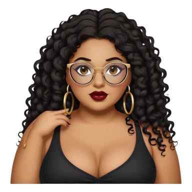 big plus size, latina, darker tan skin, gold hoops, long black curly hair, baddie,pretty, makeup, dark red lipgloss, black eyeliner, long hair, black top, black glasses sticker