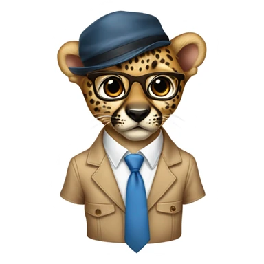 baby cheeta in a brown backward cap, brown-lens glasses, wearing white shirts, blue neck-tie sticker