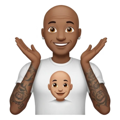 bald black man with bold full face tattoos, happy face, wearing a t-shirt sticker
