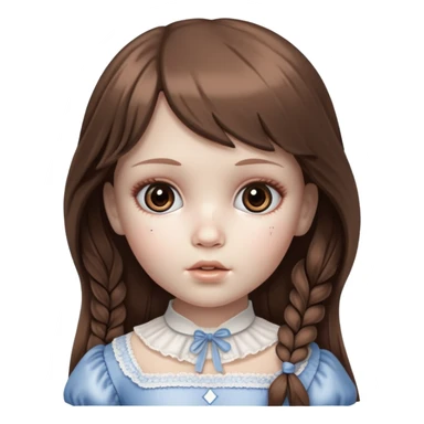porcelain doll pretty but creepy with a cracked face, long brown hair and side bangs.  sticker