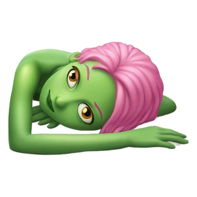 a green alien woman pink air, laying on the beach sticker
