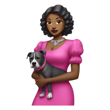 Black lady with black hair wearing hot pink dress hugging large all grey pitbull with spiked pink collar sticker