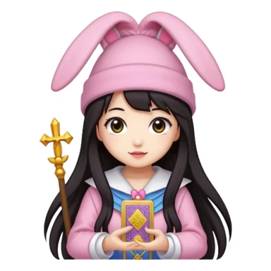pixel art chibi asian girl with dark long hair in pink bunny hat magical girl with kawaii tarot cards thrown in air pixel emoji sticker