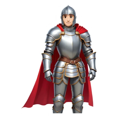 Create a side-view RPG character asset in a clean. The character is a brave knight with exaggerated, rounded features and minimal linework. They wear polished armor in silver tones, with a bright red cape flowing behind them. The face should have large, expressive eyes and a friendly smile that’s clearly visible even from the side view. Keep proportions simple and cartoony. The stance is slightly turned to emphasize the character’s side profile (facing right), with one hand on the hip and the other resting on a sheathed sword at the waist. The colors should be vibrant and easy to read, with smooth shading reminiscent of typical emoji designs. Include two variations: one idle pose and one simple walking pose, each capturing the playful, streamlined look of emoji-like characters. sticker