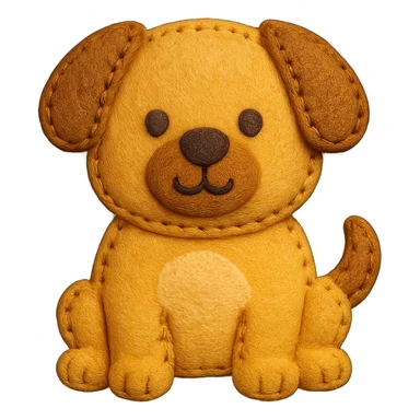 <StylePrompt>
  <Name>Felt Appliqué Plush Style</Name>
  <Description>A soft, handcrafted look inspired by plush felt fabric with visible stitching and a padded 3D texture, rendered on a solid black background.</Description>
  <VisualProperties>
    <Material>Felt</Material>
    <Texture>Soft, fuzzy, with slight fiber detail</Texture>
    <Stitching>
      <Type>Thick thread</Type>
      <Color>Orange or slightly darker tone than fabric</Color>
      <Pattern>Uniform running stitch along outer edge</Pattern>
    </Stitching>
    <Padding>High, plush-like 3D depth</Padding>
    <Edges>Rounded corners</Edges>
    <ColorPalette>
      <Primary>Warm yellow/orange tones</Primary>
      <Accent>Brown or dark orange for facial features and outline</Accent>
      <Background>Black</Background>
    </ColorPalette>
  </VisualProperties>
  <Rendering>
    <Lighting>Soft, even studio lighting</Lighting>
    <Shadows>Subtle drop shadows for depth</Shadows>
    <Perspective>Flat front-facing, symmetrical if applicable</Perspective>
  </Rendering>
  <Applicability>
    <SubjectType>Any object, animal, or letterform</SubjectType>
    <OutputFormat>Icon, emoji, patch-style graphic</OutputFormat>
  </Applicability>
</StylePrompt>

{subject} = dog sticker