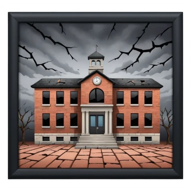 A broken/abandoned school with cracks and dust  with no back ground in an abandoned place with a blackish greyish sky  sticker