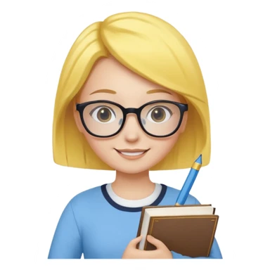 A smart and cute girl with yellow bobbed hair, wearing sky blue clothes,
I hold a book in one arm. There is a pen in the book.
He is wearing black-rimmed glasses and smiling brightly. sticker