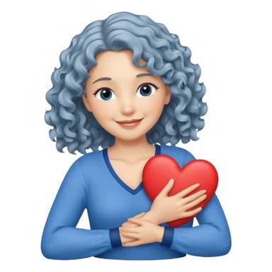 Silver, wavy/curly hair chin-length lady giving hug with 2 arms, blue v-neck and smilingm add a heart sticker