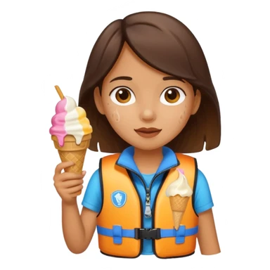 girl kid wearing lifejacket, holding ice cream sticker