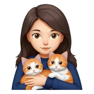 a girl with long dark brown hair, in a navy sweater, hugs a persian peaknose grey cat and persian peaknose orange and white kitten and a persion peaknose brown tabby and white cat sticker
