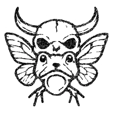 a terrifying minimal red line art of a hybrid monster combining minotaur skull with horns, stoat face elements, frog mouth/eyes, and moth wings sprouting from skull, transparent hollow center, distressed appearance with deliberately missing sections, smudged edges, torn lines, and weathered texture, sparse red lines only sticker