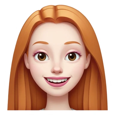 traditional emoji of young girl with very pale skin, long straight muted ginger hair, elongated oval face, bigger human-like eyes positioned close together, fuller thick eyebrows, wide nose, very large full pink lips with a big smile showing extremely large and prominent teeth, less intense expression sticker