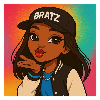 Change the pose to blowing a kiss, headshot only, keep her as a 20-year-old anime Bratz style woman with dark skin, dark hair, trendy streetwear, big expressive eyes, glossy lips, and a happy expression. No tears. sticker