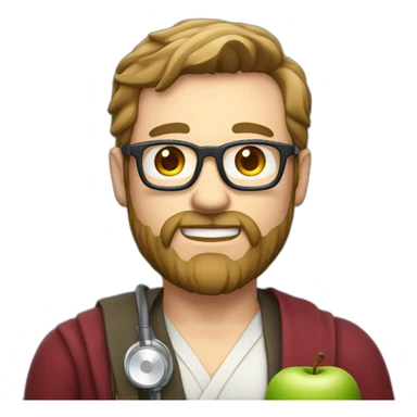 A male nutritionist with a full beard and dark blonde hair and white skin and glasses holding an apple in his hand. Without white kiltze and stetoscope sticker