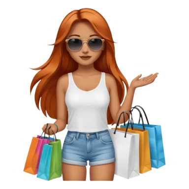 Mujer joven con cabello largo cobrizo gafas de sol vestida con top blanco y short de jean con bolsas de compras de sephora sticker