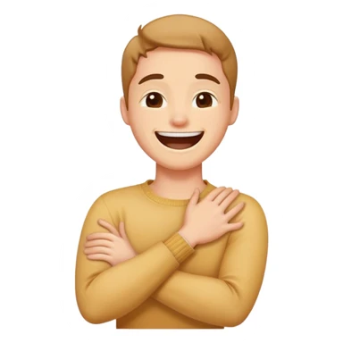 person crossing arms holding neck with a laughing face sticker