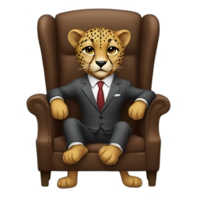 A cheetah wearing a suit looking straight while sitting in a chair sticker