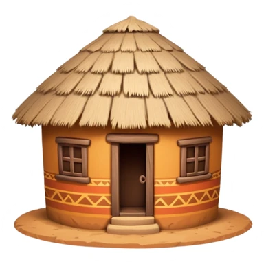 African mud hut tribal house, round adobe clay house, thatched roof, warm sunlight, colorful tribal patterns, cute mobile game icon, 3D cartoon, high detail, clean background sticker