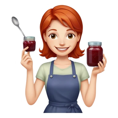 redhead woman with big smile holding a glass jar with jam in one hand and a little spoon with jam in other hand sticker