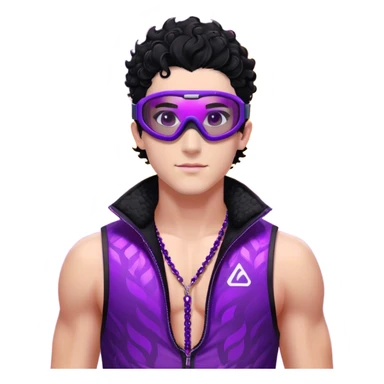male athlete with white skin and moderately curly black hair on top with shaved sides, wearing ski goggles with purple frames and very dark black lenses, a simple plain black chain necklace, and a completely unzipped sleeveless vest with purple and black sequin fire pattern design, fully revealing his chest, shoulders and arms, no earrings sticker