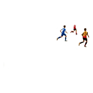 A mini-football match in an indoor sports hall with wooden flooring and clear field markings. The scene shows a vibrant game in action, with players positioned on the court, the goalposts visible, and the atmosphere filled with energy and focus. sticker