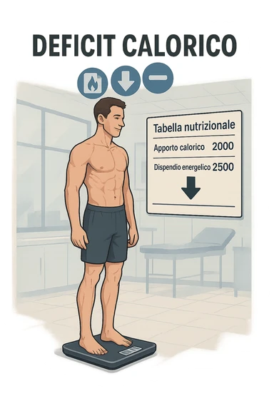 a man stands on a digital scale, looking at a nutrition chart that shows his daily calorie intake is lower than his energy expenditure. Floating icons above his head display a negative calorie balance, and his body appears slightly leaner, with visible muscle definition. The background is a modern clinic, emphasizing the concept of caloric deficit. scritto in italiano sticker