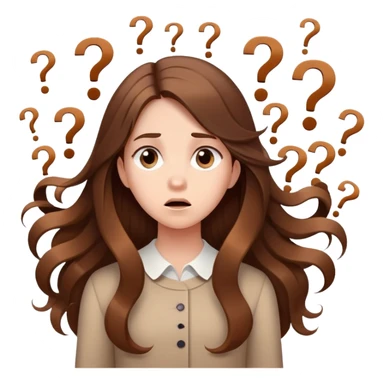 Confused girl with long brown hair surrounded by floating question marks elegant cute  sticker