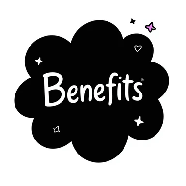 The word "Benefits" hand-drawn in white text with a dark background and just a few colorful accents. Simple doodle style with minimal decoration. sticker