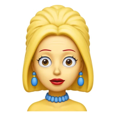 3D emoji head-only, smooth plastic, soft studio light, big round eyes, bold outline, centered, transparent bg,
Marge Simpson, yellow skin, tall cylindrical blue beehive hair, red bead necklace, overbite, no earrings, no eyelashes, no blonde hair sticker
