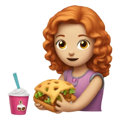 Redheaded girl, eating a toy sticker
