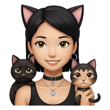 Asian girl, smiling, black hair, slightly longer than shoulder.  Holding two BLACK cats. one cat has a round fat face, the other one has a slightly slimmer face. Both pure black.  The girl also wearing a black singlet, a black chocker, silver round hook earring, and wearing eyeliner.  sticker