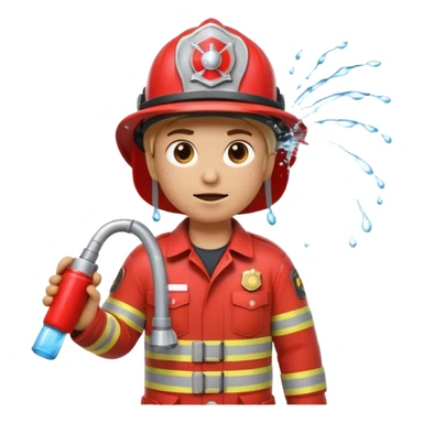 A 3D Apple-style emoji character dressed as a firefighter in a bright red uniform and helmet, holding a fire hose spraying water forward, determined expression with cartoonish eyes, water splashing effect, clean minimal background sticker