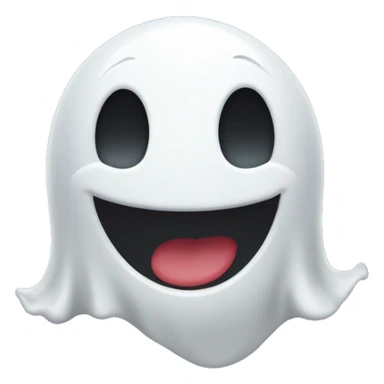 ghost with a round white body, raised arms, and one eye winking. The ghost should have the same playful expression but with a different mouth—give it a big, happy open smile instead of a tongue sticking out. Keep the design simple and cute sticker