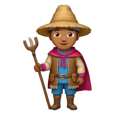 3D emoji style illustration of a Peruvian Andean farmer, wearing traditional chullo hat and poncho, holding a hoe, smiling, mountains in background, bright natural colors, bold outlines, glossy sticker style, transparent background sticker