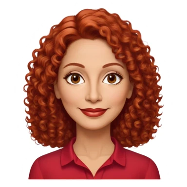 Puerto Rican actress in her 50s with elongated face, soft features, highlighted cheekbones, friendly warm smile, medium almond-shaped brown eyes, defined medium eyebrows, straight fine nose, medium lips with accessible smile, vibrant red curly hair with artistic styling, wearing a solid red blouse sticker