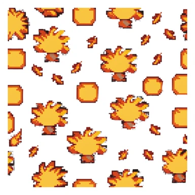 Bomberman left-facing end-cap explosion tile, flames ending and tapering leftward with pronounced flame wisps, orange/yellow with more red at the tips, extending about 70% into left direction sticker