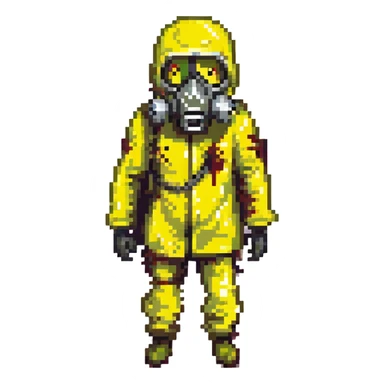 a zombie from the game DAYZ wearing a yellow hazmat suit with a black gasmask sticker