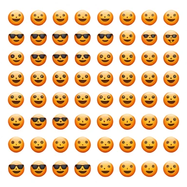 Minimalist flat emoji icon set, bright vivid orange symbols (#FF6200 or #FF8C00) on pure black background (#000000), sharp clean edges, no gradients, no shadows, high contrast, simple geometric shapes, modern UI icon style like Telegram stickers or Discord emojis sticker