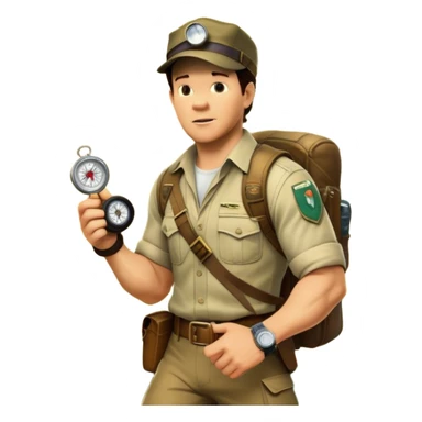 A vintage movie poster-style collage. Include action-packed elements like a treasure map, jungle scenes, a rugged explorer with a compass and a speeding jeep. Add a shadowy figure resembling close-up Mark Wahlberg in adventurous gear. Jungle background. Transparent background. sticker