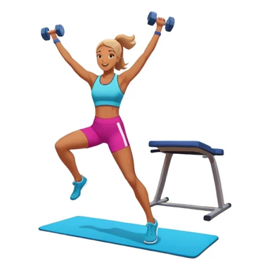 An energetic person performing an aerobics workout in a brightly lit gym, jumping and stretching with enthusiasm. The scene includes vibrant fitness equipment like dumbbells and exercise mats, with a background of cheerful, motivating colors, conveying energy and movement. sticker