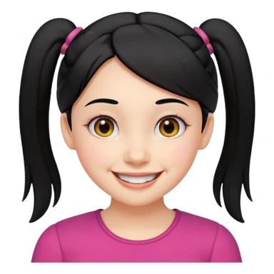 cheerful girl with black hair in two small side pigtails, round eyes, big smile, head and upper shoulders, clean lines, minimal white background, vibrant and simple emoji style sticker
